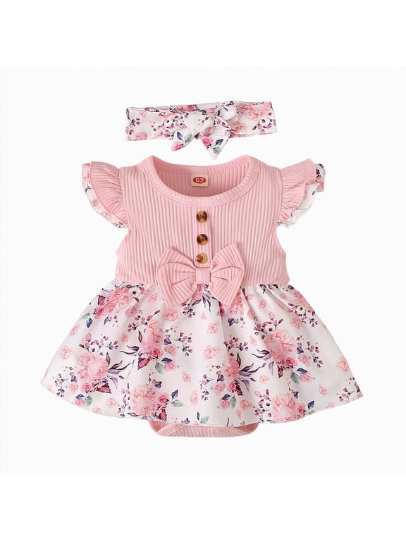 Preemie Girl Clothes Baby Girl Clothes Newborn Romper Dress Infant Lace Ruffle Sleeveless Summer Outfits with Headband,Pink,0-3 Months