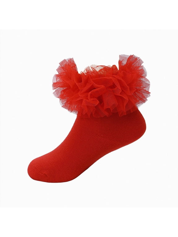Princess Socks Girls Ruffle Socks Toddler Girl Frilly Dress Socks Double Lace Big Ruffles Church Fancy Sock for Baby Kids,Red,8-10 Years