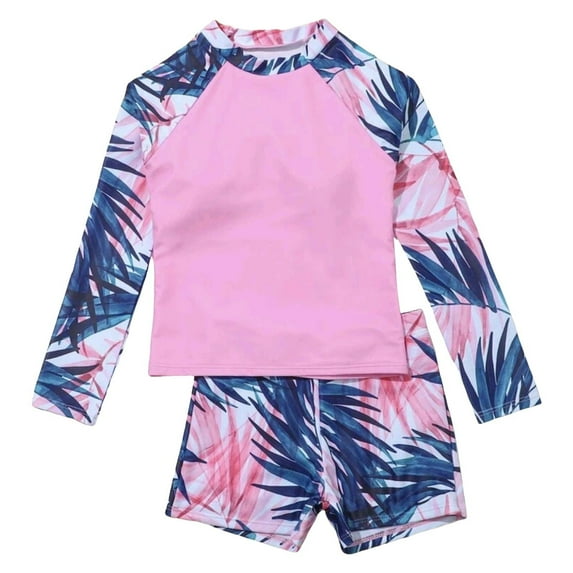 WUANDIXFA Rash Guard for Girls Swimsuit Long Sleeve Rush Guard Bathing Suit Swimwear with Shorts Bottom Sun Protection 8-9 Years,Pink
