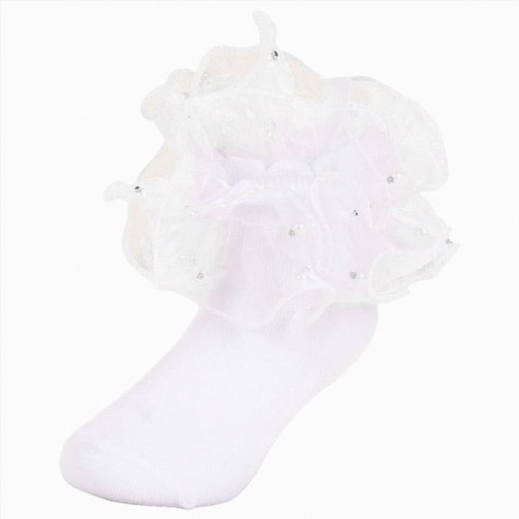 WUANDIXFA Ruffle Toddler Socks Baby Girls Ruffle Socks Double Lace Frilly Turn Cuff Cotton Dress Socks for Toddler Kids,White,0-6 Months