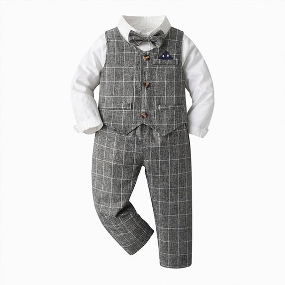 WUANDIXFA Suit for Toddler Boy Toddler Boys 4pcs Gentleman Outfits 1T 2T 3T 4T 5T 6T Long Sleeve Plaid Shirt Tops Pants Vest Coat with Tie Child Kids,Grey,5-6 Years
