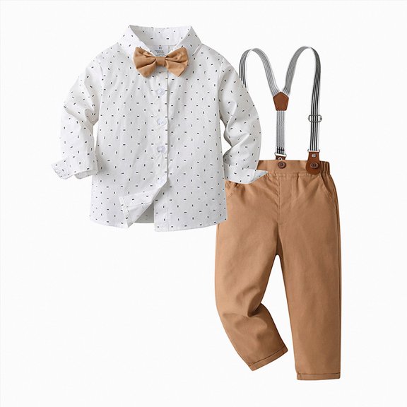 WUANDIXFA Suit for Toddler Fashion Boys Long Sleeve Shirt Overalls Set Fashion Printed Gentleman Suit Set Wedding Dress Clothes,Khaki,18-24 Months