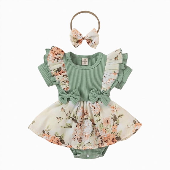 WUANDIXFA Summer Baby Girl Clothes Baby Girl Clothes Newborn Romper Dress Infant Lace Ruffle Summer Outfits with Headband 0-12 Months,Light Green,3-6 Months