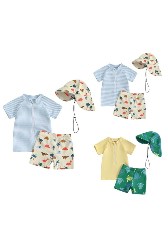 Swim Suits Swimwear Set Toddler Boys Baby Boys Swimsuit Long Sleeve Rash Guard Swimwear Baby Boy Swim Trunk with Hat Set 3 Piece Toddler Bathing Suit Blue,0-6 Months