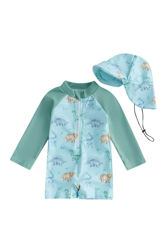 Swimwear Set Toddler Baby Boys Swimsuit Sleeve Rash Guard Swimwear Baby Boy Swim Trunk with Hat Toddler 4th of July Bathing Suit Green,2-3 Years