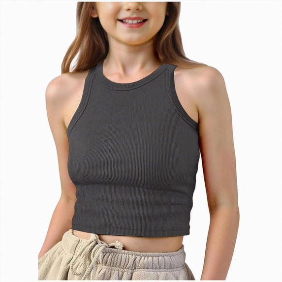 WUANDIXFA Tank Tops for Teens 9-14 Years Girls Tank Tops Kids Athletic Ribbed Knit Sleeveless Crop Tops Basic Camisole,Dark Gray,13-14 Years