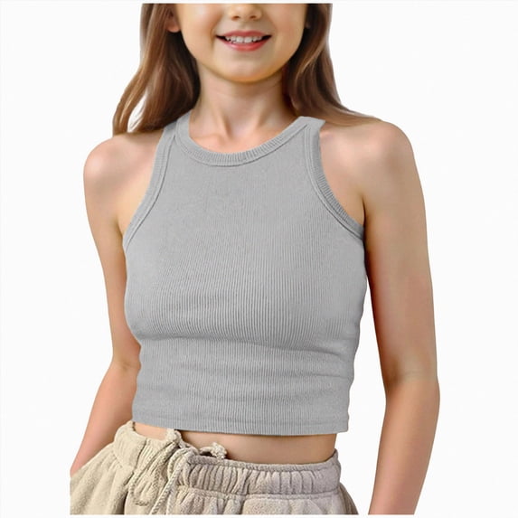 WUANDIXFA Tank Tops for Teens 9-14 Years Girls Tank Tops Kids Athletic Ribbed Knit Sleeveless Crop Tops Basic Camisole,Grey,11-12 Years