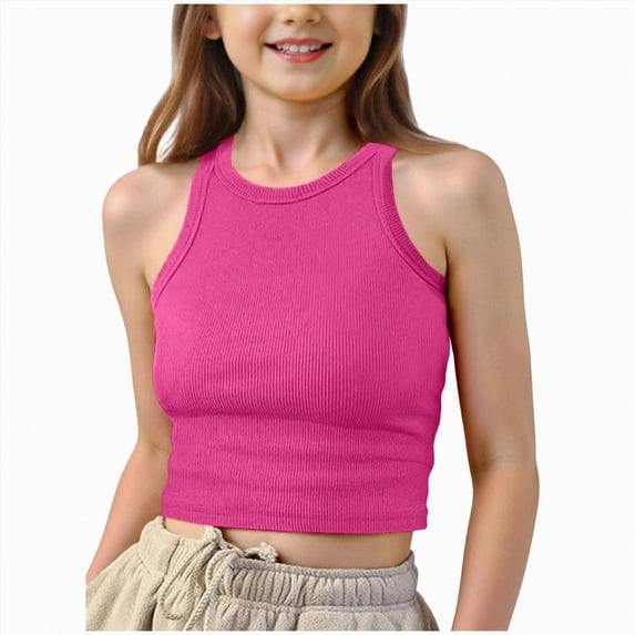 WUANDIXFA Tank Tops for Teens 9-14 Years Girls Tank Tops Kids Athletic Ribbed Knit Sleeveless Crop Tops Basic Camisole,Hot Pink,11-12 Years