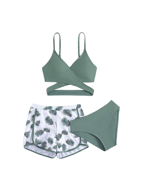 Teen Bathing Suit Teen Girls 3 Piece Swimsuit Bikini Set with Shorts Cute Bathing Suits Summer Beach Tankini Sports Swimwear 14 Years,Mint Green