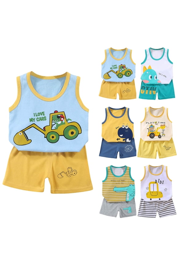 Toddler Baby Boy Clothes Boys Summer Outfits Sleeveless Striped Dinosaur T-Shirt & Shorts Set 2Pcs (Navy, 12-18 Months)