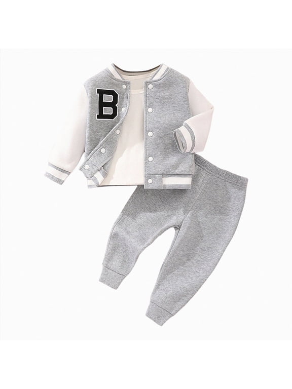 Toddler Baby Boy Fall Winter Clothes 6 12 18 24 Months 2T 3T Color Block Long Sleeve Sweatshirt Tops Joggers Pants Outfit Set,Grey,18-24 Months