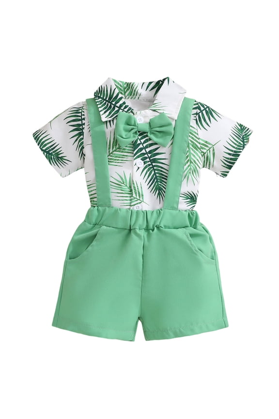 Toddler Baby Boy Outfits Boys Gentleman Wedding Suits Set Summer Formal Short Shirt/Bowtie/Suspender (Green, 12-18 Months)