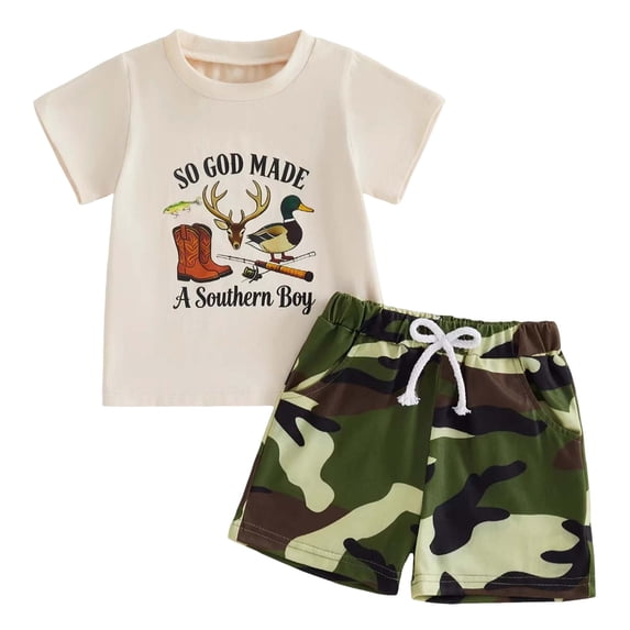 WUANDIXFA Toddler Baby Boy Summer Camo Clothes Hunting Outfits Short Sleeve Shirt Shorts Set 3 6 12 18 Months 2T 3T (Khaki, 18-24 Months)
