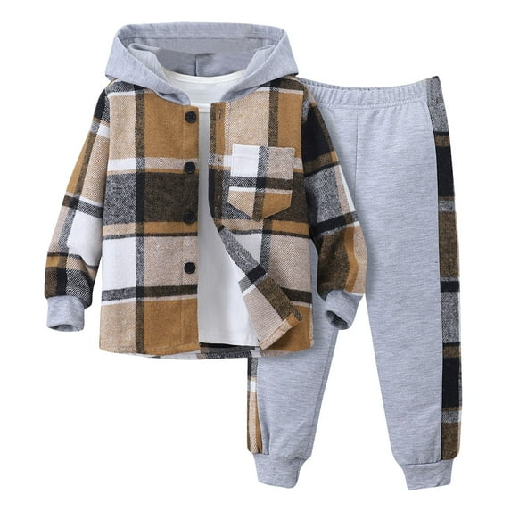 WUANDIXFA Toddler Baby Boys Clothes Flannel Lattice Button Down Hooded Tops +Pants Boys Fall Winter Outfits (Grey, 6 Years)