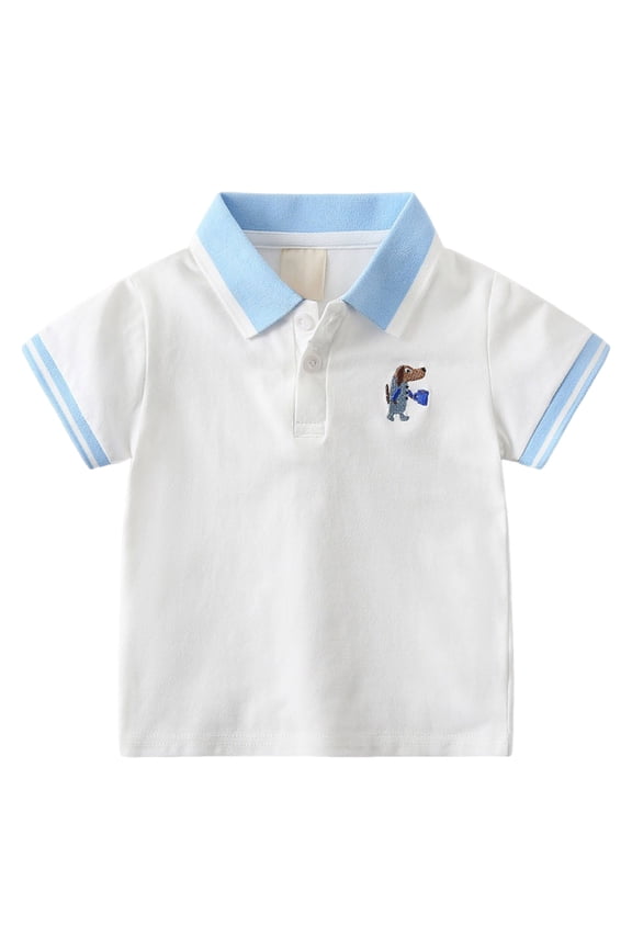 Toddler Baby Embroidery Short Sleeves T-Shirt Contrast Lapel Pullover Summer Comfy Casual Jumper Kids Tops (White,3-4 Years)