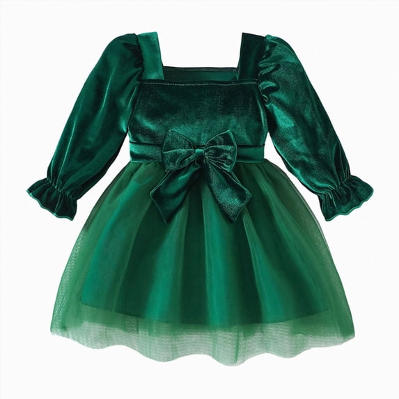 WUANDIXFA Toddler Baby Girl Christmas Velvet Dress Square Neck Puff Long Sleeve Bow Holiday Party Dress,Dark Green,12-18 Months