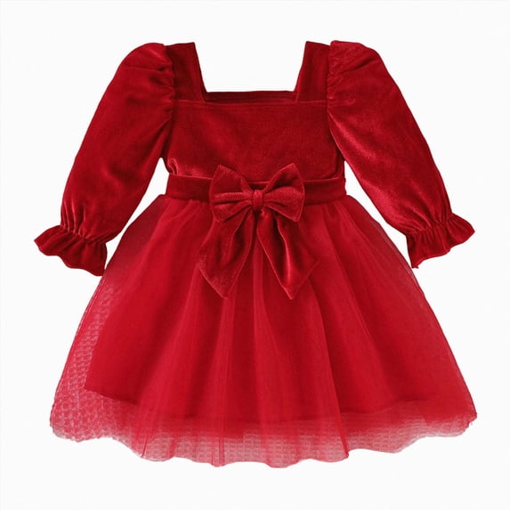 WUANDIXFA Toddler Baby Girl Christmas Velvet Dress Square Neck Puff Long Sleeve Bow Holiday Party Dress,Red,2-3 Years
