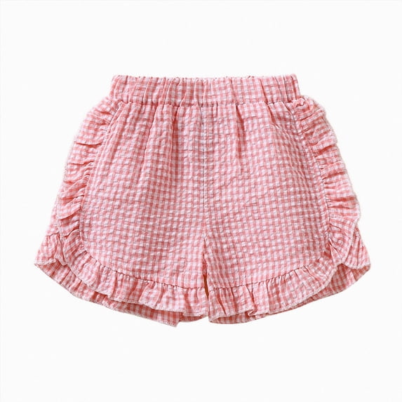 WUANDIXFA Toddler Baby Girl Gingham Plaid Shorts for 9 12 18 24 Months 2T 3T 4T, Casual Summer Ruffle Hem Seersucker Daily Bottoms,Pink,9-12 Months