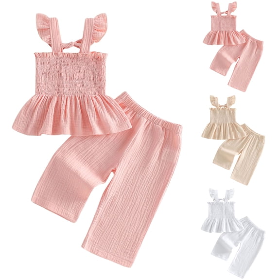 WUANDIXFA Toddler Baby Girl Outfits Fly Sleeve Smocked Tank Tops Long Pants 2Pcs Summer Clothes Set (Red, 12-18 Months)