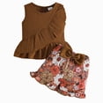 thumbnail image 1 of WUANDIXFA Toddler Baby Girls Clothes 6 9 18 24 Months 2T 3T Summer Outfits Ruffle Sleeve T-shirt + Shorts Cute Girl Clothing Set,Coffee,18-24 Months, 1 of 6