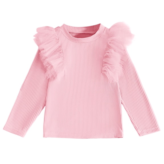 WUANDIXFA Toddler Baby Girls Long Sleeve Ruffle T Shirt Kids Casual Plain Solid Ribbed Top Blouse T-Shirt Undershirt (Pink, 3-4 Years)