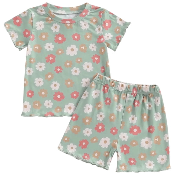 WUANDIXFA Toddler Baby Girls Summer Outfits Daisy Ruffle Short Sleeve T-Shirts Tops Floral Shorts 2Pcs Clothes Set (Green, 6-12 Months)