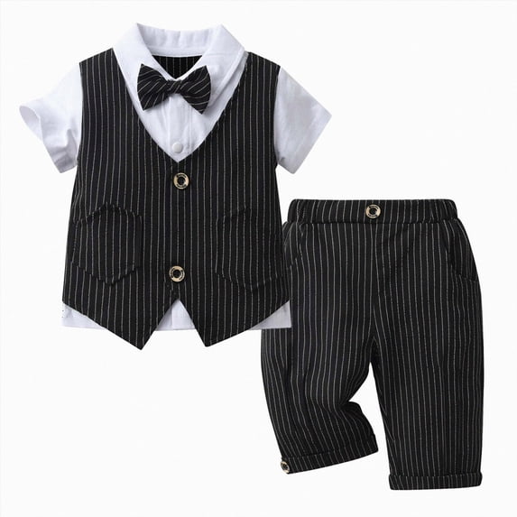 WUANDIXFA Toddler Boy Gentleman Outfits 6 12 18 24 Months 3T 4T 5T Short Sleeve Bowtie Shirt with Vest and Shorts Formal Wedding Suit Set,Black,3-4 Years
