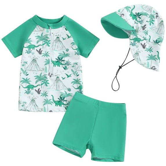 WUANDIXFA Toddler Boy Swim Set Baby Boy Long Sleeve Swimsuit Rash Guard and Trunk Set Bathing Suit with Hat Toddler Boys Beach Swimwear Sunsuit 12-18 Months,Green