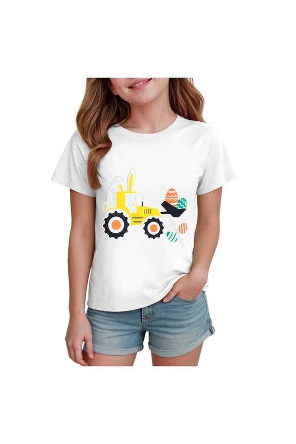 Toddler Boys Easter Shirt Tractor Bunny Clothes Dinosaur Tees for Kids Egg Excavator T-Shirt 2-7 Years (White, 7-8 Years)
