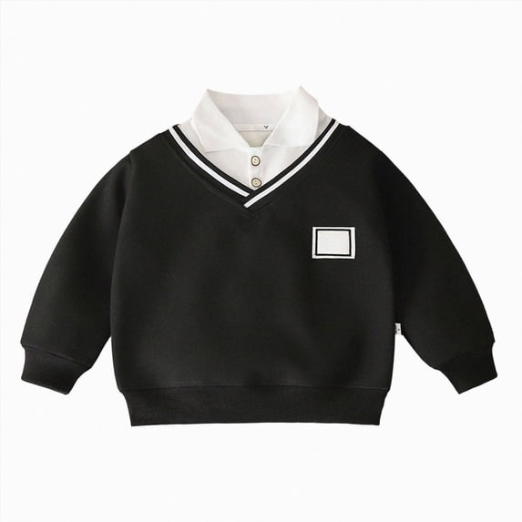 WUANDIXFA Toddler Boys Fleece Lined Sweatshirt Preppy Long Sleeve Warm Pullover Tops Base Shirt Long Sleeve Boys Shirts,Black,6-7 Years