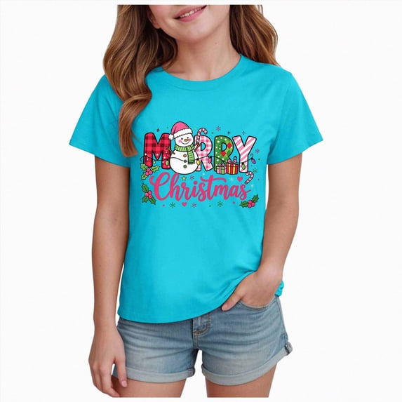 WUANDIXFA Toddler Boys Girls Christmas Shirt Cotton Soft Short Sleeve Tops Cute Fashion Crewneck Kids Graphic T-Shirts,Blue,11-12 Years