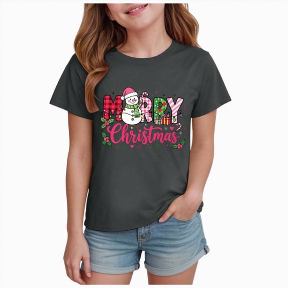 WUANDIXFA Toddler Boys Girls Christmas Shirt Cotton Soft Short Sleeve Tops Cute Fashion Crewneck Kids Graphic T-Shirts,Grey,13-14 Years