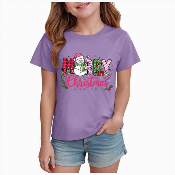 WUANDIXFA Toddler Boys Girls Christmas Shirt Cotton Soft Short Sleeve Tops Cute Fashion Crewneck Kids Graphic T-Shirts,Purple,5-6 Years