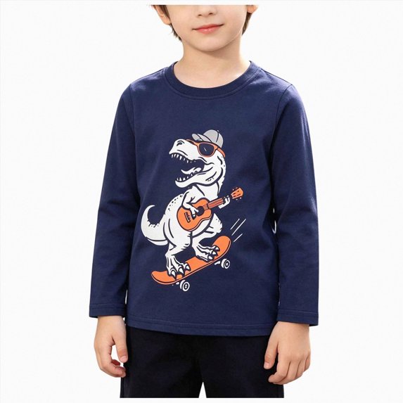 WUANDIXFA Toddler Boys Long Sleeve Shirts, Boys Round Neck Dinosaur Print Long Sleeve Base Layer T-Shirt,Navy,5-6 Years