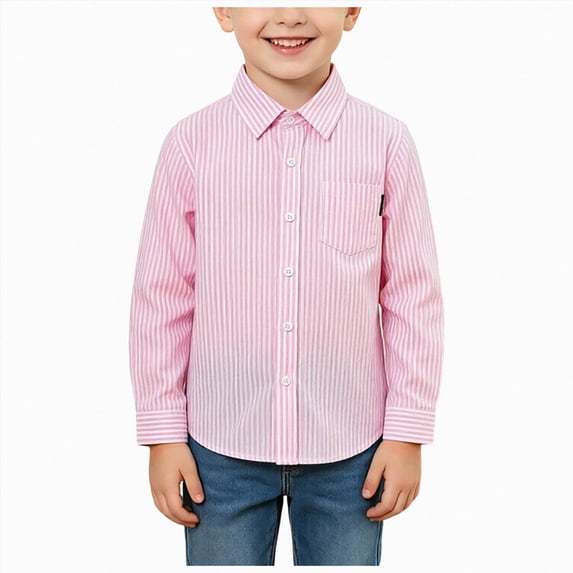 WUANDIXFA Toddler Boys Long Sleeve Solid Dress Shirt Long Sleeve Button Down Casual Dress Shirt School Shirts for Boys,Pink,15-16 Years