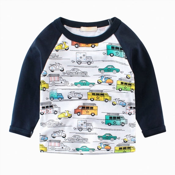 WUANDIXFA Toddler Boys Sweatshirts Long Sleeve Shirt Dinosaur Pullover Truck Top Tee Kids Graphic Tees Long Sleeve Shirt Boys,Dark Blue,5-6 Years