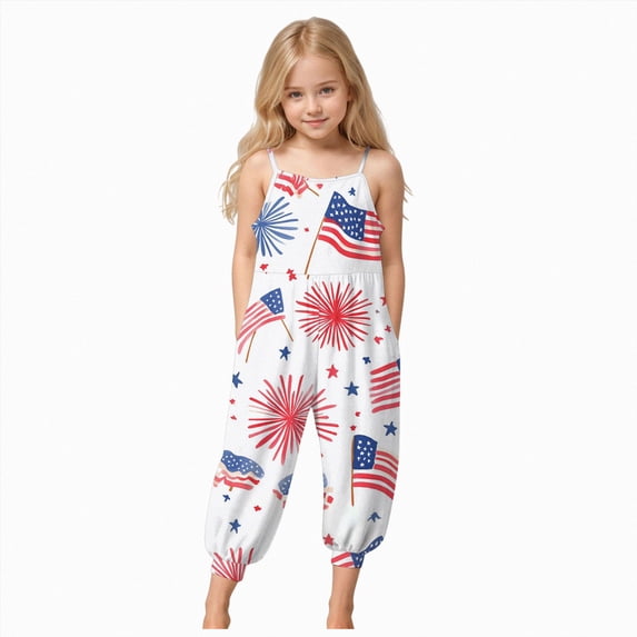 WUANDIXFA Toddler Girl 4th of July Romper Outfit for 1-10 Years, Patriotic Star Striped American Flag Jumpsuit Summer Cute Overalls for Little Girls Light Blue,1-2 Years