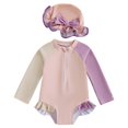 thumbnail image 1 of WUANDIXFA Toddler Girl Bathing Suit Toddler Baby Girls Swimsuit Long Sleeve One Piece Rash Guard Bathing Suit Ruffle Zipper Swimwear with Sun Hat 12-18 Months,Pink, 1 of 6