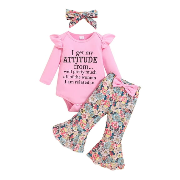WUANDIXFA Toddler Girl Clothes Fall Winter Set Newborn Baby Girl Clothes Infant Girl Outfits Long Sleeve Ruffle Romper Floral Pants Headband Set Pink,3-6 Months