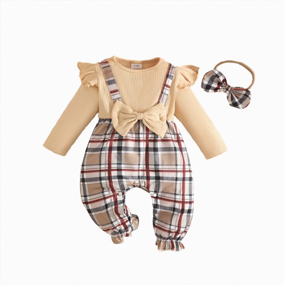 WUANDIXFA Toddler Girl Fall Clothes 3 6 12 18 Months Baby Girls Comfortable Breathable Cute Checkered Print Long Sleeve Bodysuit,Beige,12-18 Months