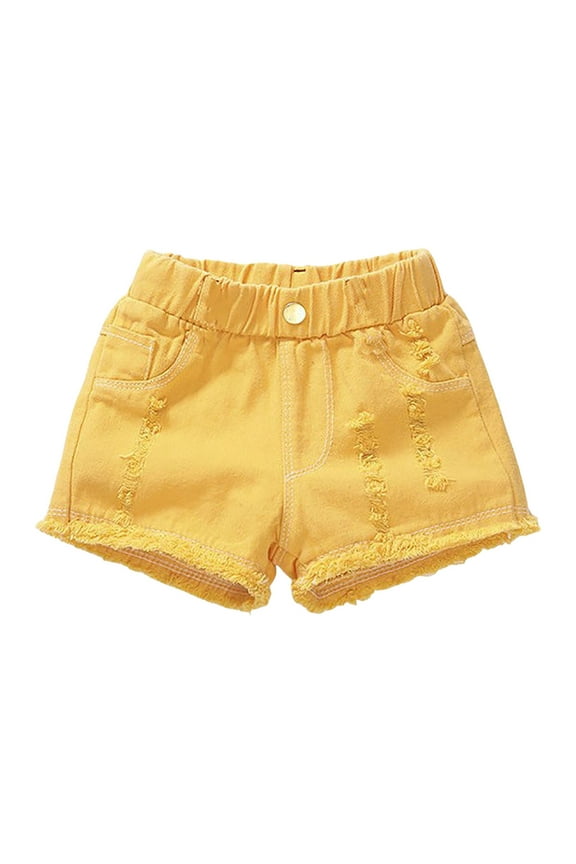 Toddler Girls Summer Cozy Casual Ripped Jeans Shorts Baby Kids Solid Color Daily Wear Denim Short Pants (Yellow, 7-8 Years)