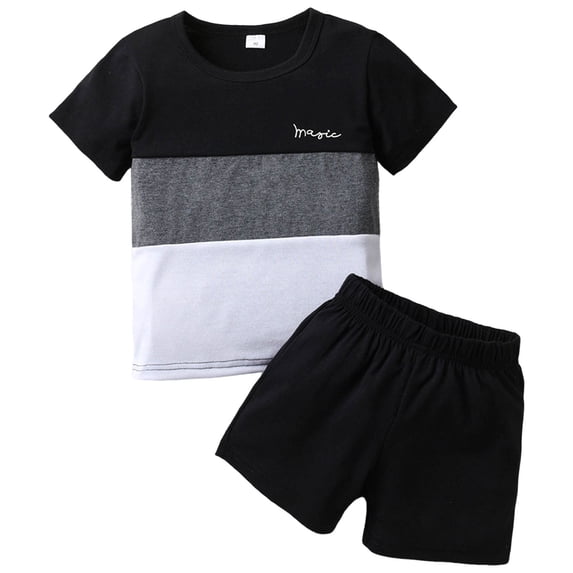WUANDIXFA Toddler Kid Boy Clothes Colorblock Letter Graphic Tee Shorts 2PC Summer Outfit Set (Black, 3-4 Years)