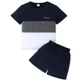 thumbnail image 1 of WUANDIXFA Toddler Kid Boy Clothes Colorblock Letter Graphic Tee Shorts 2PC Summer Outfit Set (Blue, 18-24 Months), 1 of 7