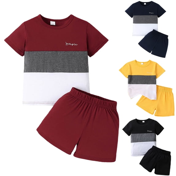 WUANDIXFA Toddler Kid Boy Clothes Colorblock Letter Graphic Tee Shorts 2PC Summer Outfit Set (Wine, 2-3 Years)