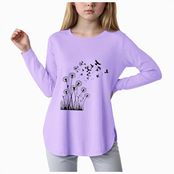 WUANDIXFA Toddler Long Sleeve Girls Fashion Long Sleeve Shirts 5-14 Years Kids Curve Hem Side Slit Soft Tunic Tops Girls Fashion T Shirts,Purple,11-12 Years