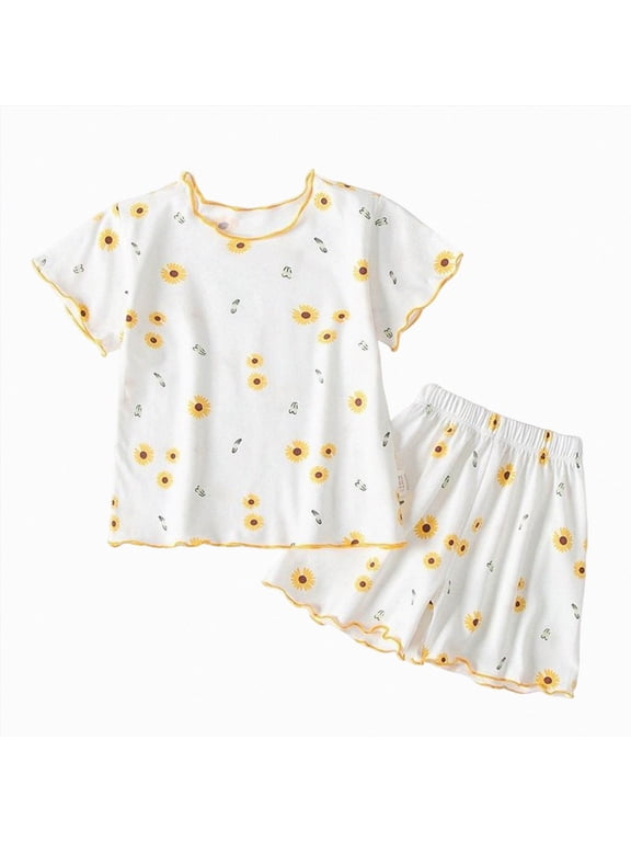 Toddler Outfit 1T 2T 3T 4T 5T 6T Toddler Breathable Short Sleeve Home Clothes Cute Floral Pajama Set,Yellow,3-4 Years
