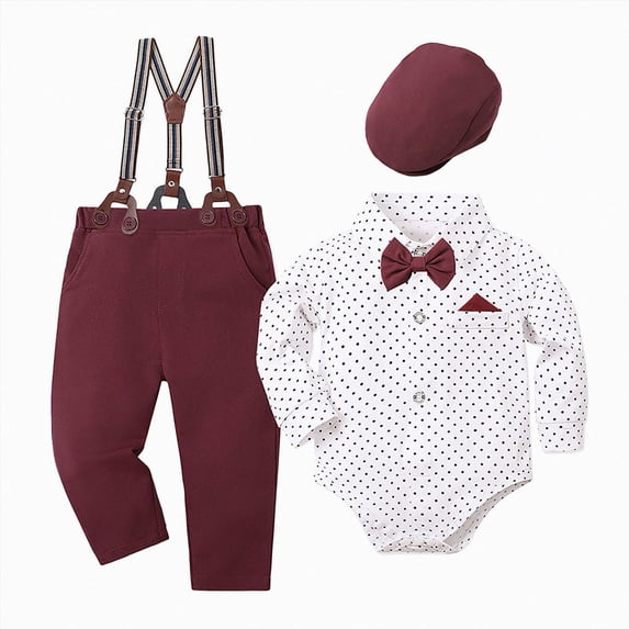 WUANDIXFA Toddler Suits for Boys Baptism Christening Outfits for Baby Boy Outfits Boy Clothes 4 Piece Button Down Shirt Bow Tie Photography Outfits,Red,12-18 Months