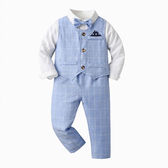 WUANDIXFA Toddler Suits for Boys Toddler Boys 4pcs Gentleman Outfits 1T 2T 3T 4T 5T 6T Long Sleeve Plaid Shirt Tops Pants Vest Coat with Tie Child Kids,Light Blue,18-24 Months