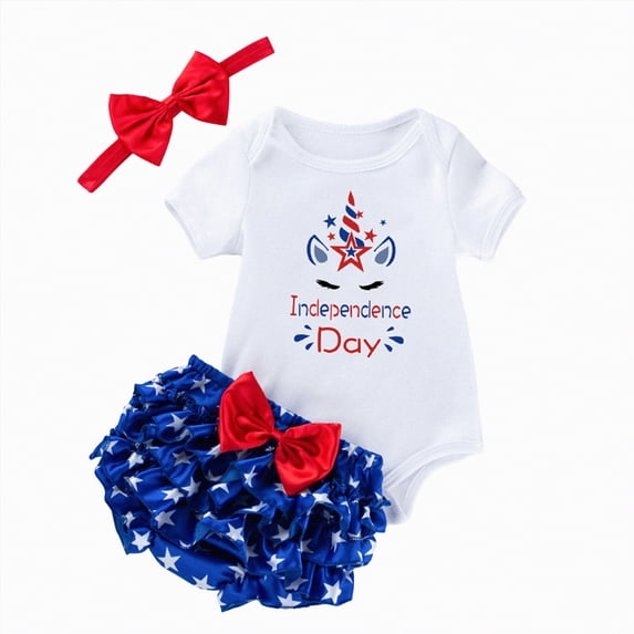 WUANDIXFA Toddler Summer Outfits 4th of July Baby Girls Clothes Letters Print Romper Stars Striped Shorts Dress Sets My First 4th of July Outfits 0-3 Months,White