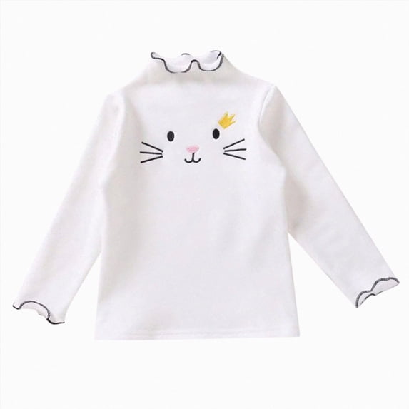 WUANDIXFA Toddler T Shirts Girls Fashion Toddler Girls Long Sleeve Ruffle Cotton T Shirts Cat Print Top Shirts Casual Blouse,White,7-8 Years